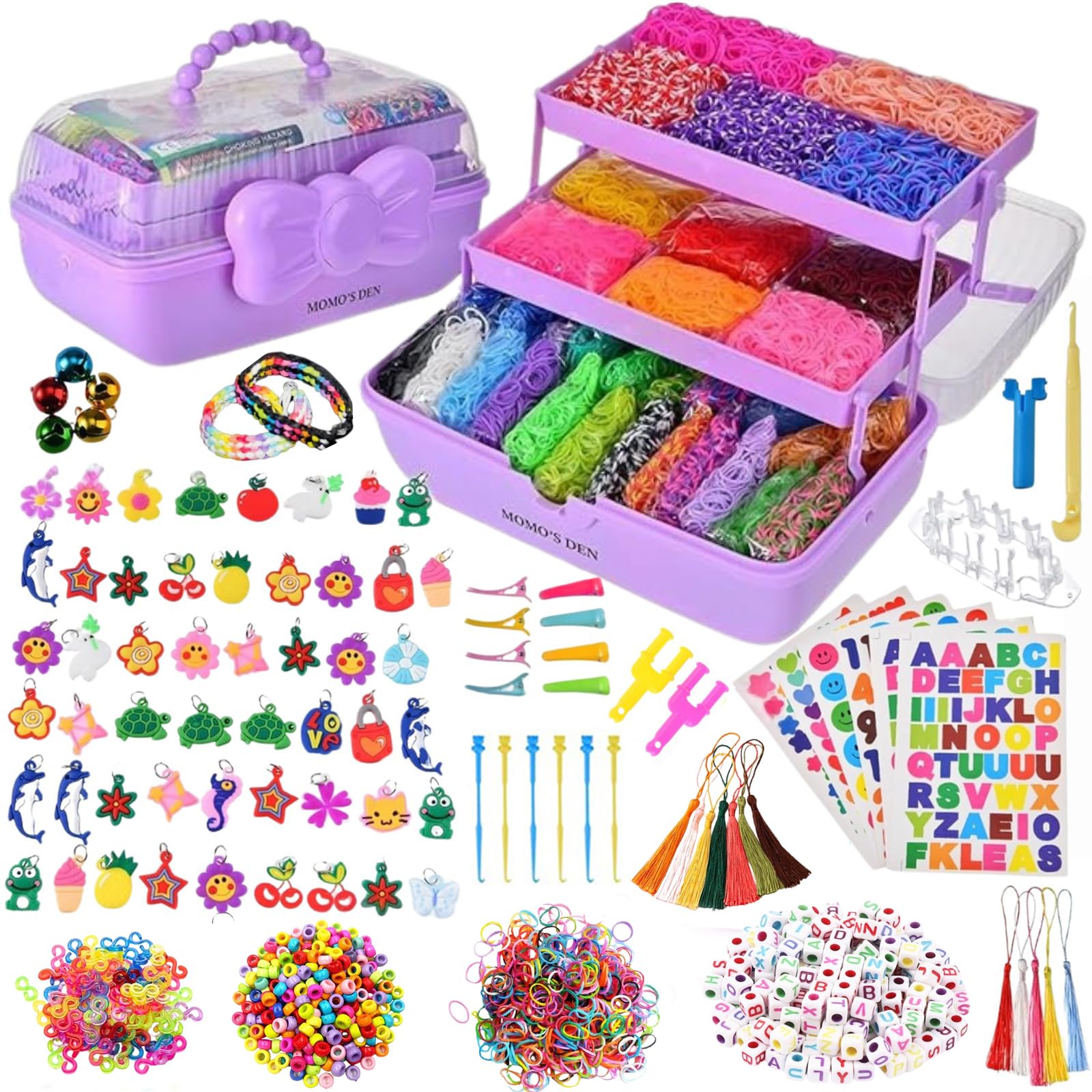 Momo's Den 17000+ Loom Band Kit - 32 Vibrant Colors Loom Bands, Bracelet Making Set with Charms, Tools & 3-Layer Storage Box – DIY Arts & Crafts Gift for Girls & Boys
