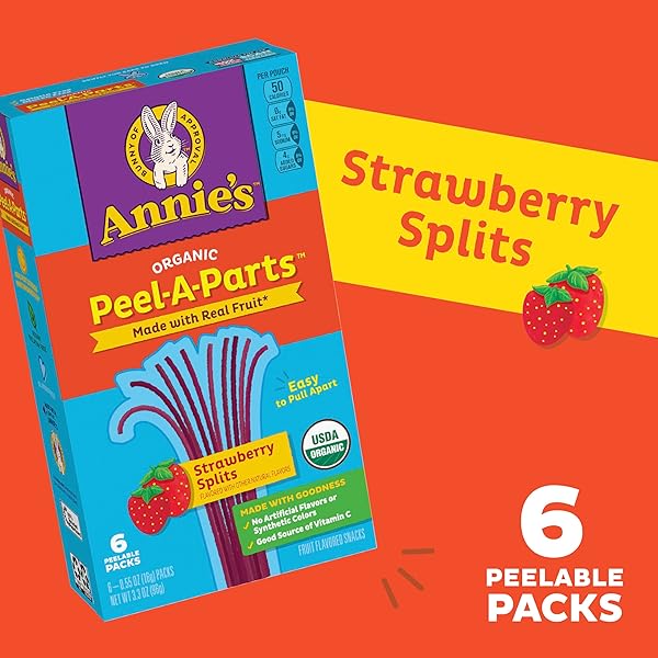 ANNIE’S ORGANIC PEEL-A-PARTS FRUIT FLAVORED SNACKS, STRAWBERRY SPLITS, GLUTEN FREE, 6 COUNT, 3.3 OZ