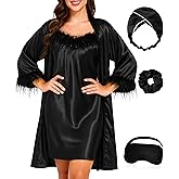 EPLAZA Bride Robe for Wedding Day Set Bridal Robes Satin Robe with Feather Silk Lingerie for Bachelorette Party Getting Ready