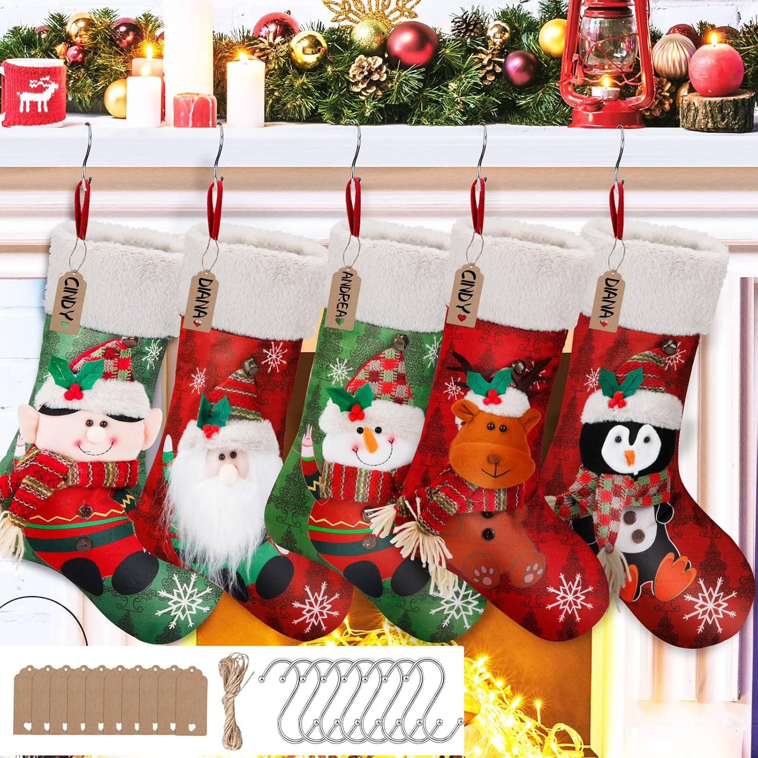 Stockings & Holders - Mukum 5PCS 18” Christmas Stockings Personalized Christmas Stockings with 10 Name Tag Santa Snowman Reindeer Xmas Stocking with 8 Holders Hemp Rope for Christmas Party Decorations