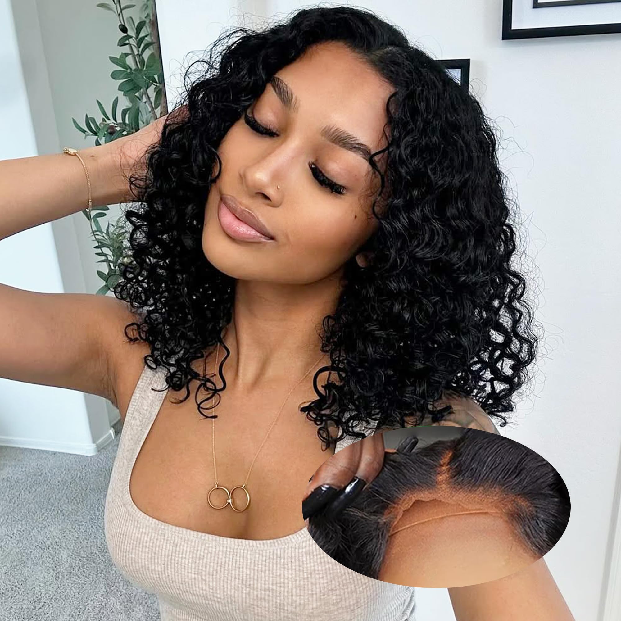 Roserer Wear and Go Glueless Wig Human Hair 100% Brazilian Virgin Deep Wave Bob Wig Human Hair Pre-Plucked 180% Density 4x4 HD Lace Curly Glueless Wigs for Black Women,12 Inch