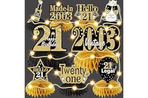 Bumqviy 9Pcs 21st Birthday Honeycomb Centerpieces Decorations with String Lights for Women Men, Happy 21 Year Old Birthday Table Toppers Party Supplies, Black Gold Vintage 2003 Bday Party Table Sign
