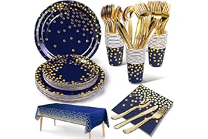 Nkaiso Party Tableware Navy Blue Gold 141 Pieces Paper Tableware Set Includes Plates Napkins Cups Cutlery for Wedding Shower,