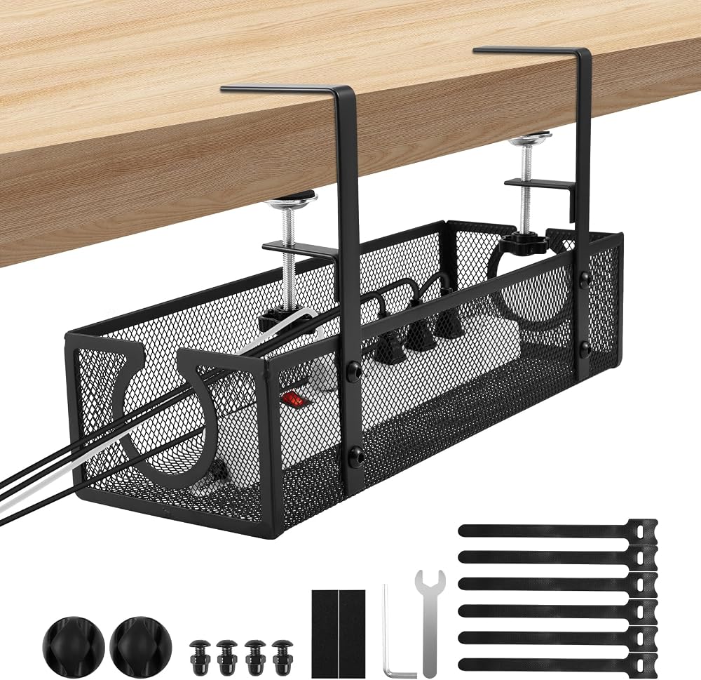 Luqixcey No Drill Under Desk Cable Management Tray Sturdy Metal Clamp Black