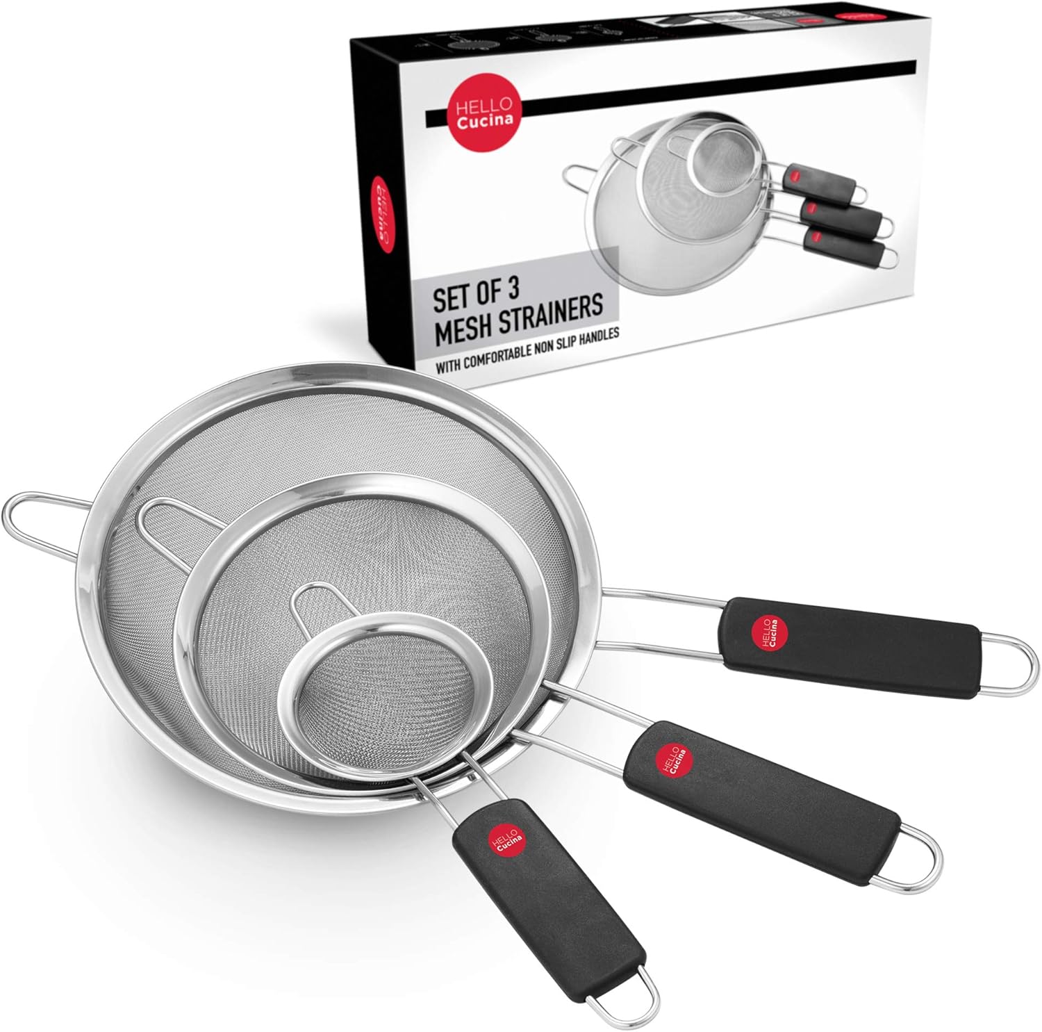 Hello Cucina Pasta Strainer, Fine Mesh Stainless Steel Sieve with Non-Slip Handle, Metal Wire Spider Strainer Sieve for Gravy, Rice, Pasta & Any Small Food - A kitchen gadgets (3-Set)