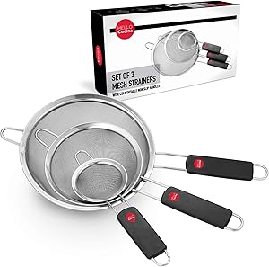 Hello Cucina Pasta Strainer, Fine Mesh Stainless Steel Sieve with Non-Slip Handle, Metal Wire Spider Strainer Sieve for Gravy, Rice, Pasta & Any Small Food - A kitchen gadgets (3-Set)