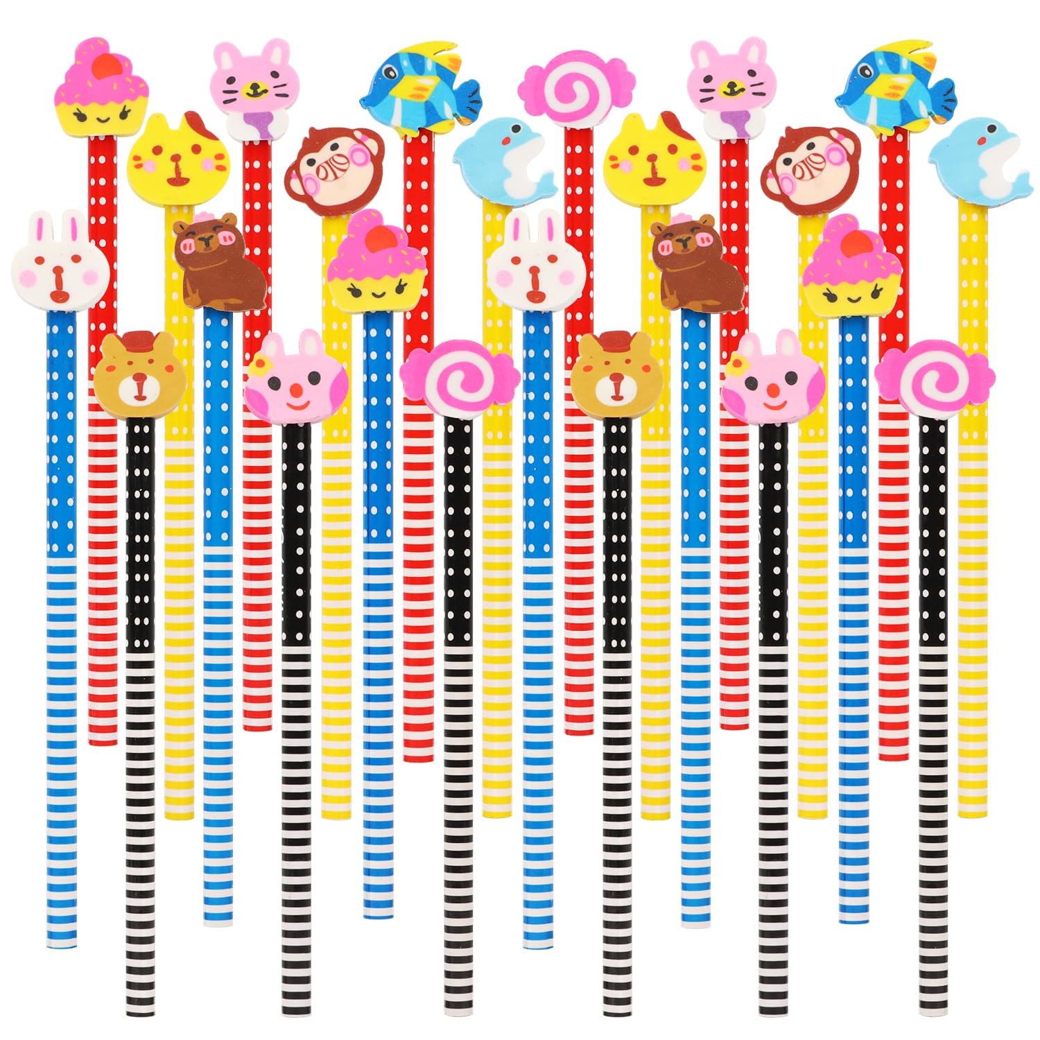 VEYLIN 24 Pieces Pencils with Rubbers Fun Wooden Pencils Set for Kids Party Bag Pencils Class Gifts School Supplies