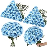 Ovveroche 80 Pcs Roses Artificial Flowers, Silk Light Sky Blue Artificial Flowers Petals Long Stem Roses for Wedding Bouquet Home Party Decor