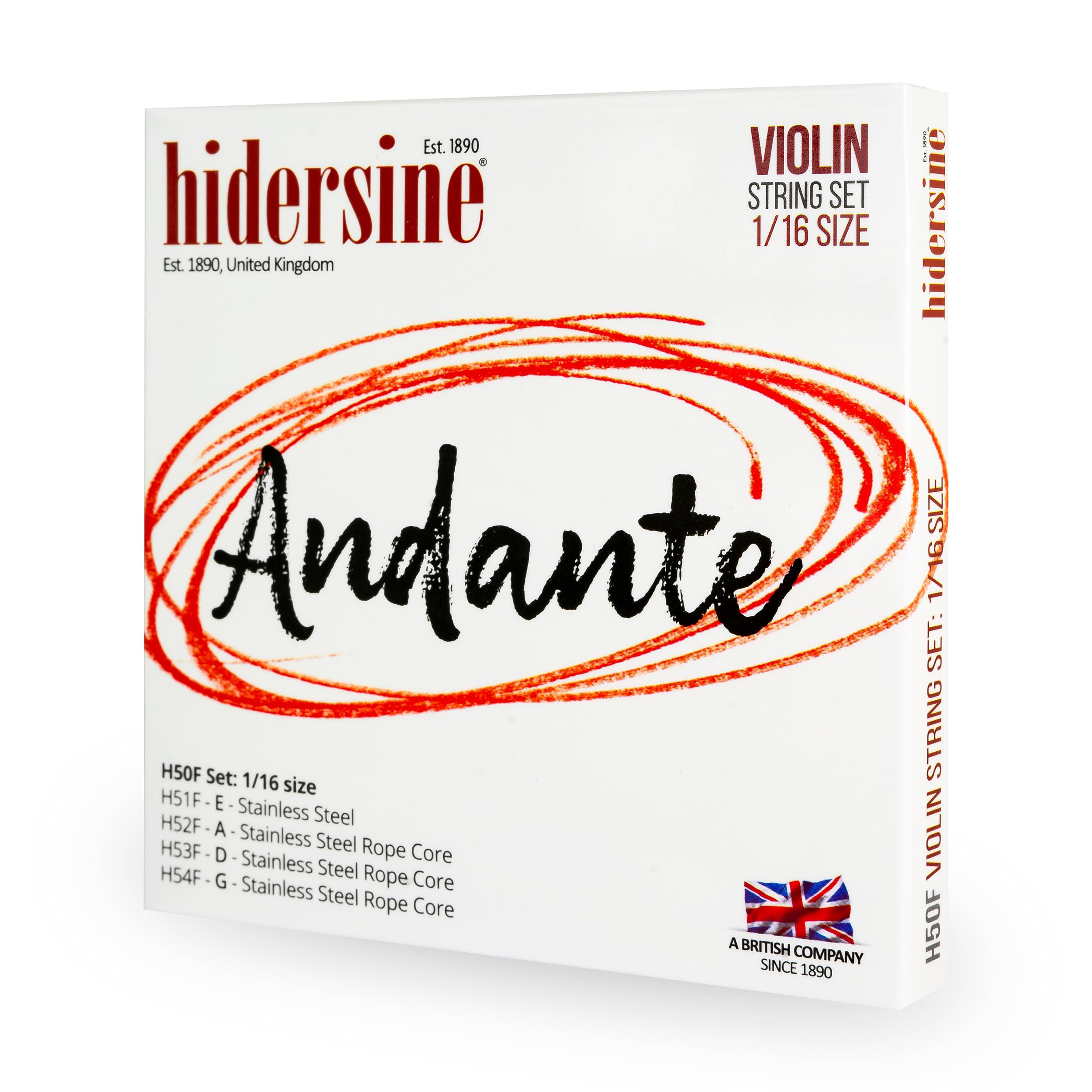Hidersine Andante Violin Strings SET for 1/16 size. Steel Rope Core for easy playing feel. Great tone and Great Value. Ideal Student Strings for sixteenth sized Violins. 1 SET of 4 strings.