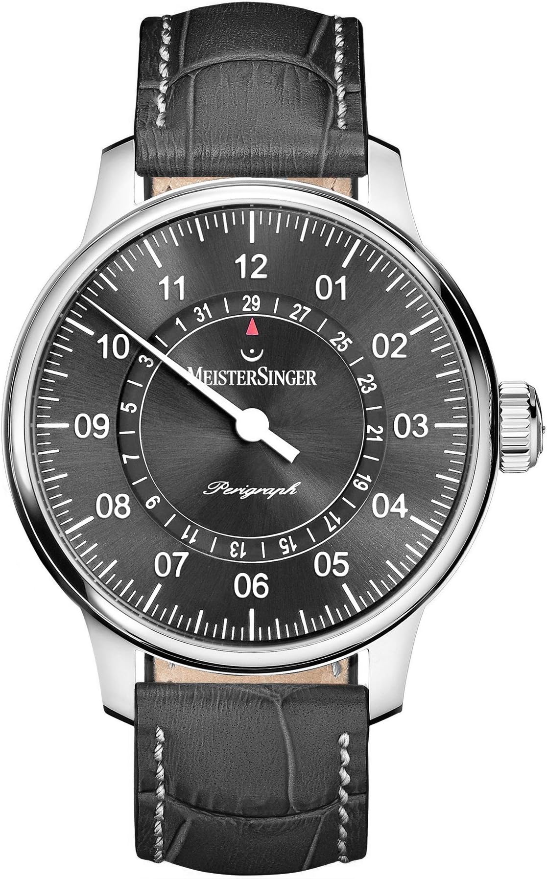 MeisterSinger Perigraph Mens Single-Hand Automatic Watch - 38mm Analog Grey Face Unique Dress Watch with Date and Sapphire Crystal - Grey Leather Band Swiss Made Classic Luxury Watch for Men BM1007