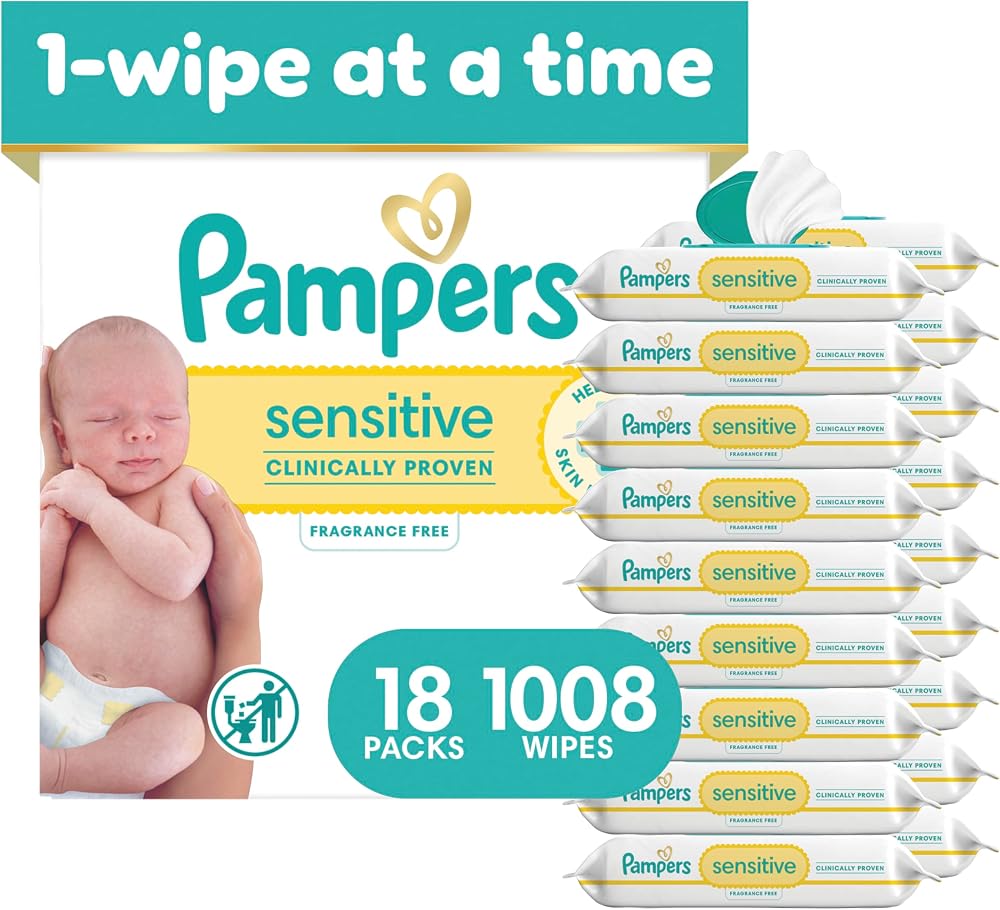 Pampers Sensitive Baby Wipes, Clinically Proven, Fragrance Free, Unscented, Water Based, Hypoallergenic, Multi-Use, Hand Wipe