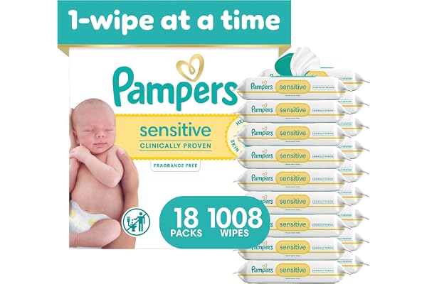 Pampers Sensitive Baby Wipes, Clinically Proven, Fragrance Free, Unscented, Water Based, Hypoallergenic, Multi-Use, Hand Wipes 1008 Wipes Total (18X Flip-Top Packs) [Packaging May Vary]