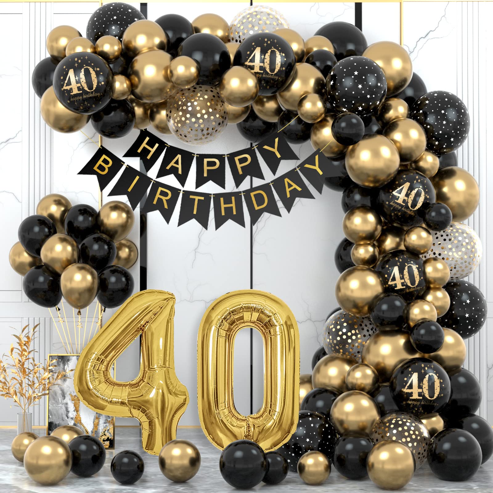 Black Gold 40th Birthday Balloons & Decorations with Happy Birthday Banner & Garland