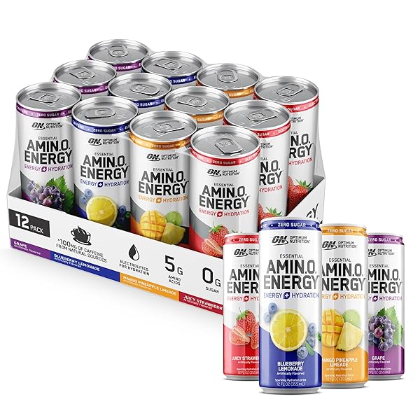 OPTIMUM NUTRITION AMINO ENERGY SPARKLING HYDRATION DRINK, ELECTROLYTES, CAFFEINE, AMINO ACIDS, BCAAS, SUGAR FREE, 12 FL OZ, VARIETY PACK OF 12 (PACKAGING MAY VARY)