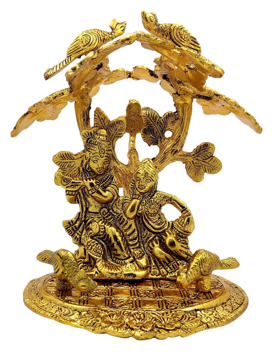 Purpledip Metal Idol Radha Krishna Under Tree: Decorative Statue For Home Temple (10927)