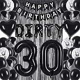 30th Birthday Decorations - Happy 30th Birthday Set with Banner, Black Foil Curtains, Dirty 30 Balloons, Black Cake Topper for Men