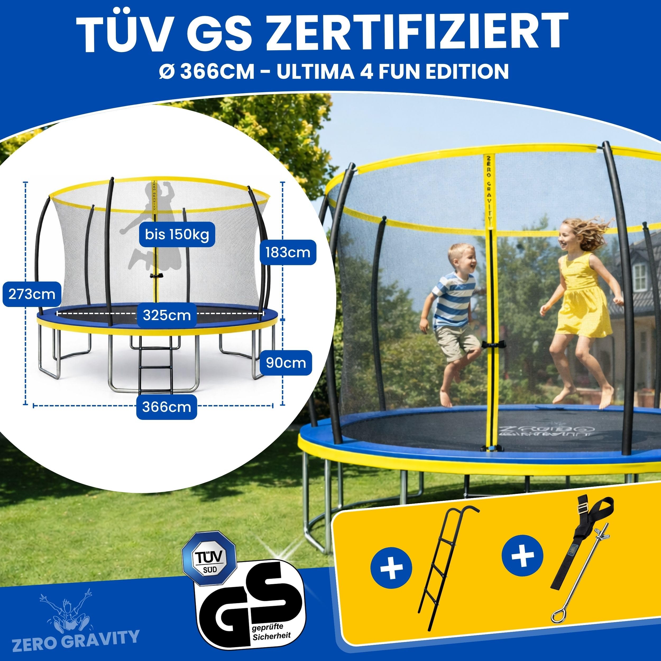 Zero Gravity Trampolin Outdoor Ø 183/244/305/366/427 cm, TÜV GS, Smartes Klappnetz für schnellen Auf- und Abbau, Outdoor Trampolin Komplett-Set inkl. Leiter, Aufbauvideo, Ultima 4 3