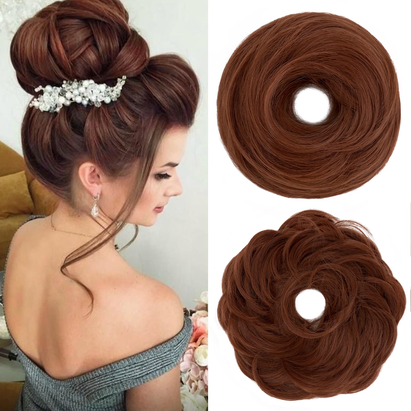 S-Noilite Messy Buns Hair Pieces Curly Hair Scrunchies for Women Donut Updo Hair Chignons Synthetic Ponytail Bun Extensions - Red Brown โ image 1
