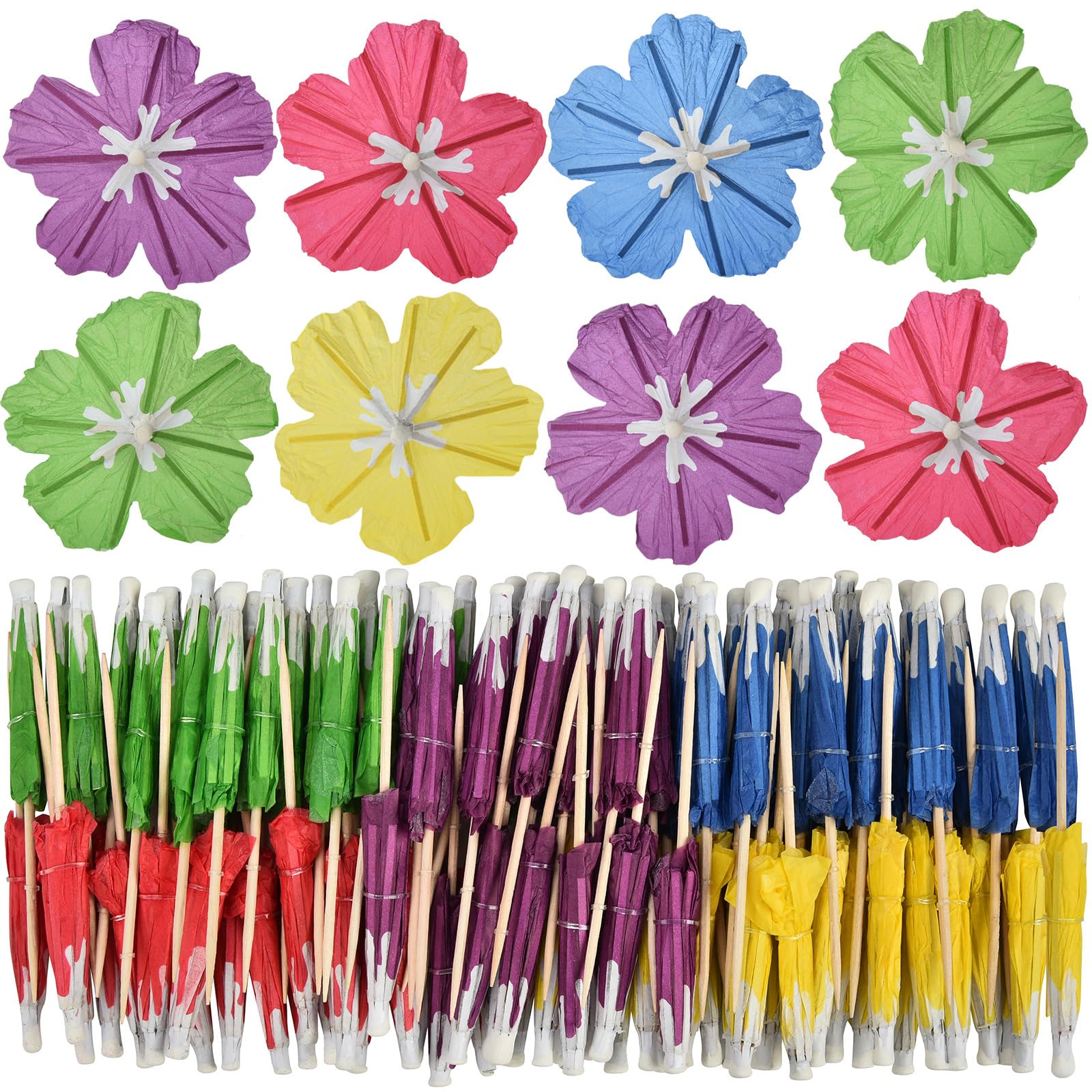 Photo 1 of 144 Pcs Drink Umbrella Cocktail Picks, Tropical Hawaiian Luau Party Parasol Toothpicks, Cupcake Topper for Summer, Pool, Tiki Party Decorations