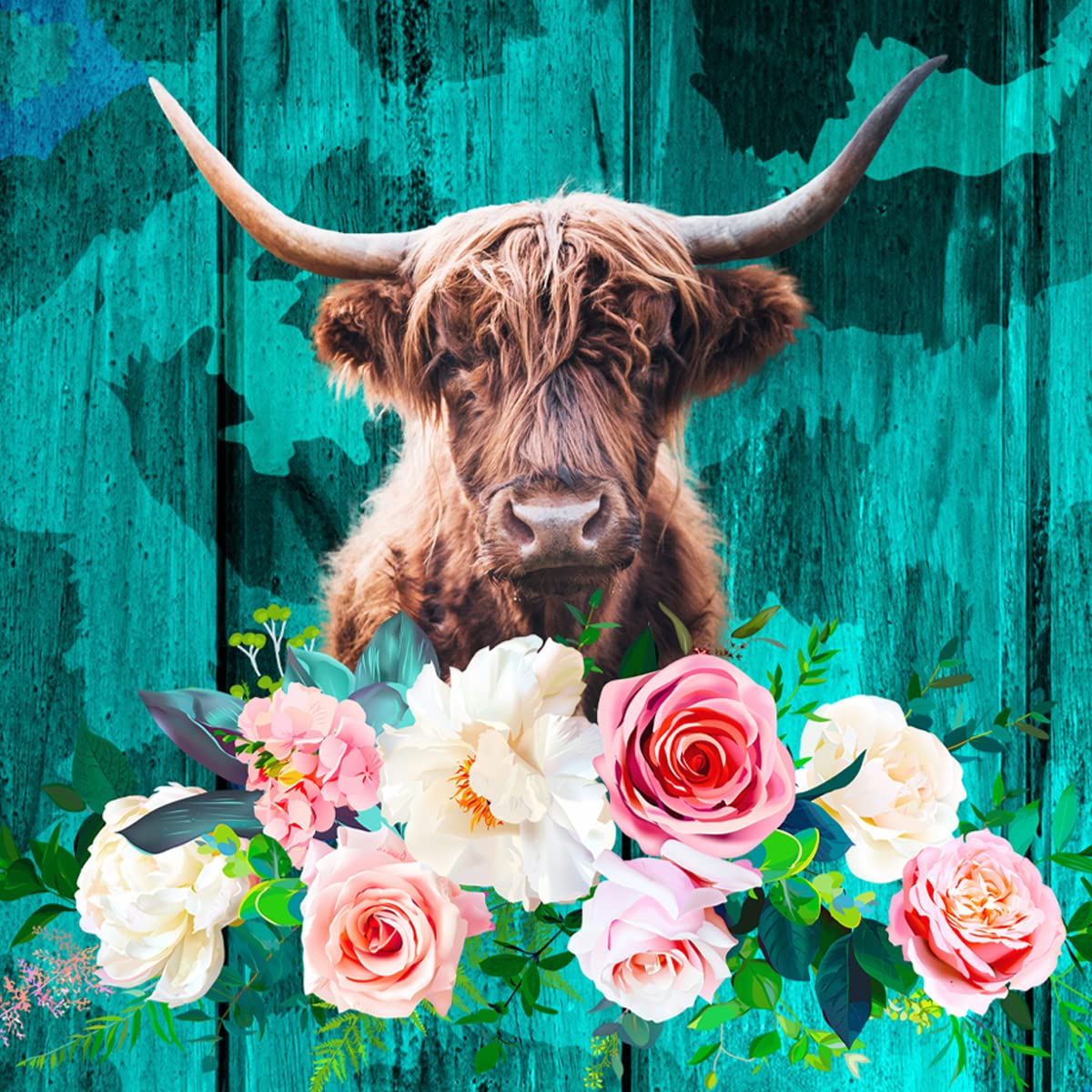 Highland Cow Fabric by The Yard,Rustic Floral Leopard Upholstery Fabric for Chairs,Farmhouse Highland Cattle Fabric for Upholstery and Home DIY Projects,2 Yards,(L184*W150cm) Teal Brown