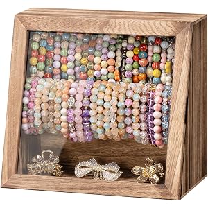 Emfogo Bracelet Holder Display Box with Clear Viewing Window, Rustic Brown | Wooden Bracelet Organizer with 2 Rods, Dust-Proo