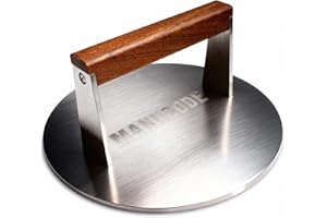 Manucode Smash Burger Press, 3.8-Lb Burger Smasher, 9-Inch Bacon Press for Batch Cooking, Stainless Steel, Easy to Clean and Seasoning Free, Heatable for Searing Panini, Steak, Chicken, Fish, Round