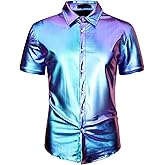 Lars Amadeus Disco Metallic Shirt for Men's Short Sleeves Button Down Nightclub Party Shiny Shirts