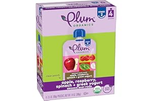 Plum Organics Stage 2 Organic Baby Food - Apple, Raspberry, Spinach, and Greek Yogurt - 3.5 oz Pouch (Pack of 4) - Organic Fruit and Vegetable Baby Food Pouch
