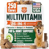 Dog Vitamins and Supplements 250 Chews - 26 in 1 Dog Multivitamin Soft Chews with Glucosamine, Chondroitin, Probiotics, Omega 3 - Hip &amp; Joint, Skin &amp; Coat, Immune Support - Chicken Flavor