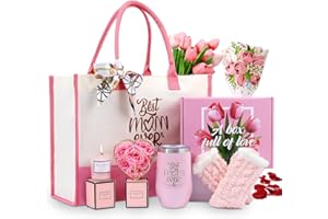 Mollywatr Christmas Gift baskets for Mom, Christmas Gift Sets for Mother from Daughter Son, Birthday, Thanksgiving Day, Care Package for Mother with Canvas Tote Bag Sock Tumbler Soap Flower Pink