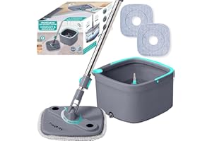 TRUE & TIDY Square Spin Mop & Bucket System – Dual Chamber for Clean & Dirty Water, 360° Rotating Self-Wringing Mop with Built-in Scrub Brush, Stainless Steel Handle & 2 Reusable Microfiber Mop Pads