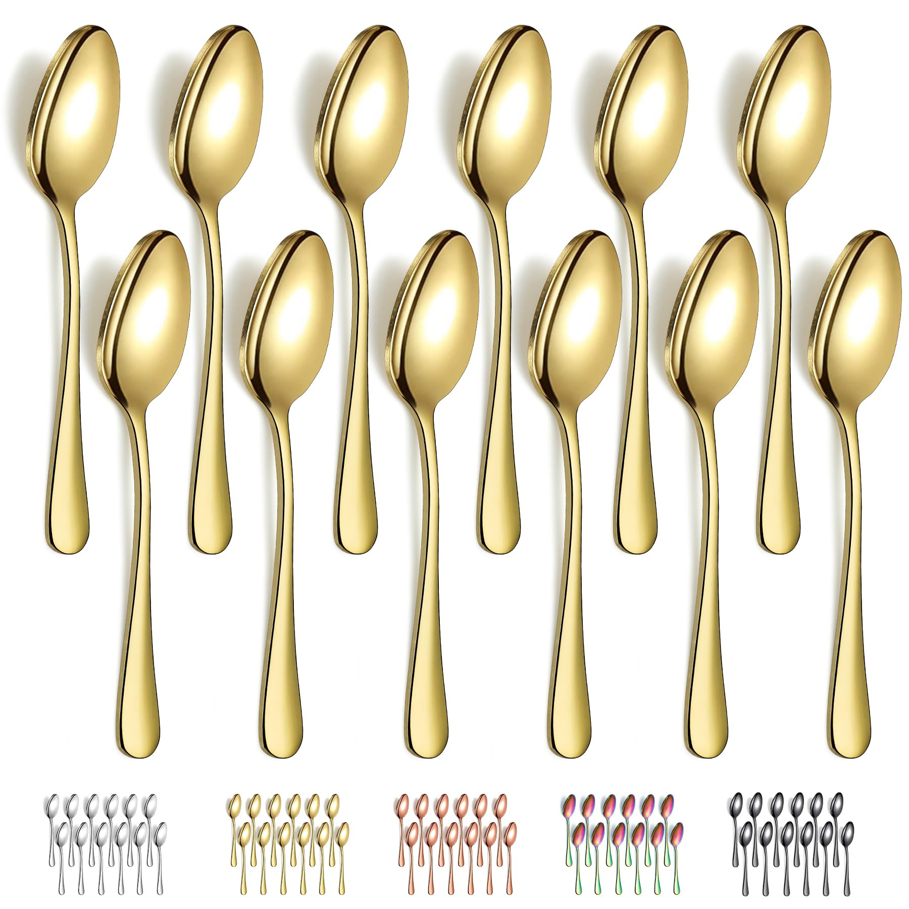 Evanda Gold Dinner Spoons 12 Pieces, Gold Titanium Plating Stainless Steel 18.5cm Spoons, Dessert Spoons, Table Spoon, Soup Spoons, Easy To Clean, Dishwasher Safe
