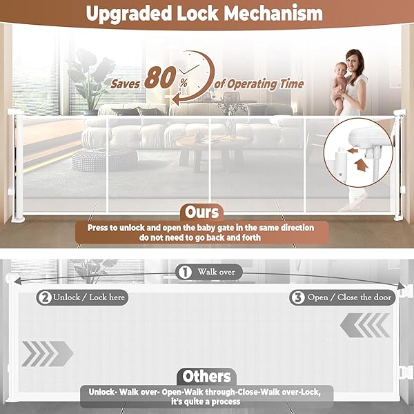 236″ RETRACTABLE BABY GATE EXTRA WIDE, 41″ TALL RETRACTABLE DOG GATE FOR STAIRS, DOORWAYS, DECKS, MESH GATE LONG CHILD GATE PET GATE FOR INDOOR, OUTDOOR, WITH REINFORCED MESH RODS, DUAL LOCKS