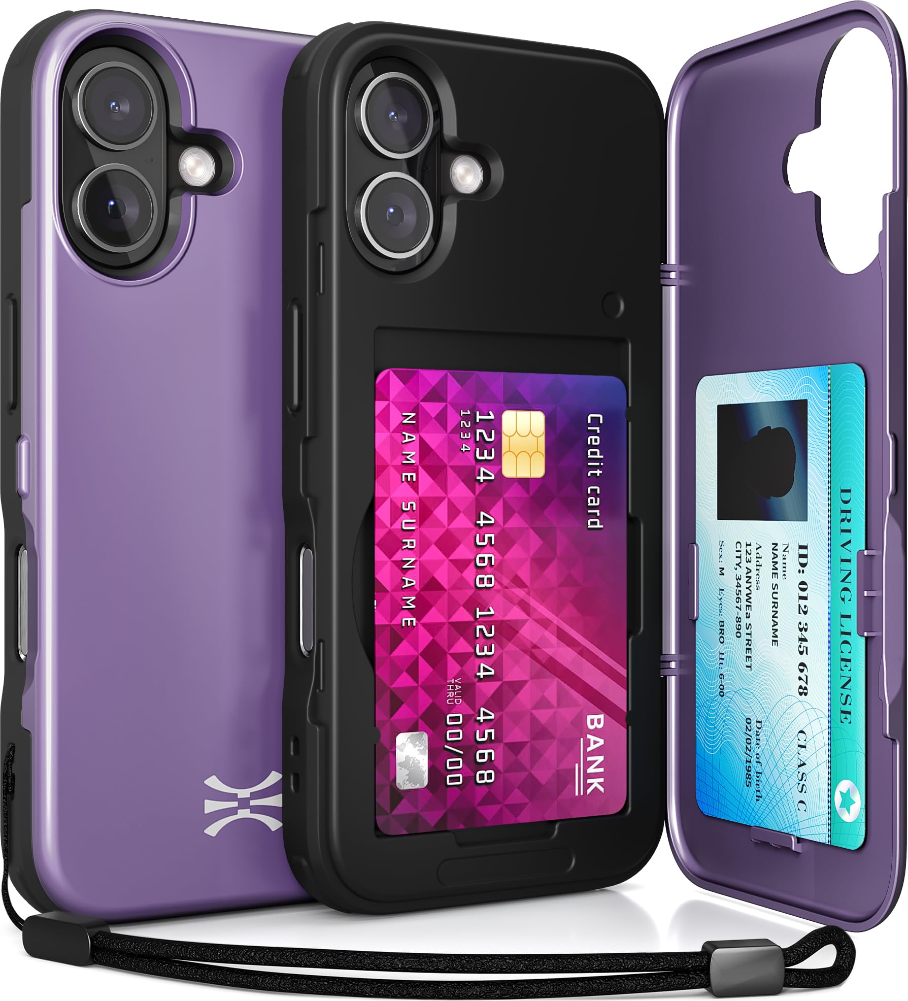 TORU for iPhone 17 Wallet Case with Card Holder, Hidden ID Credit Card Slot Flip Kickstand, Slim Fit Shockproof Heavy Duty Phone Cover with Strap - Purple