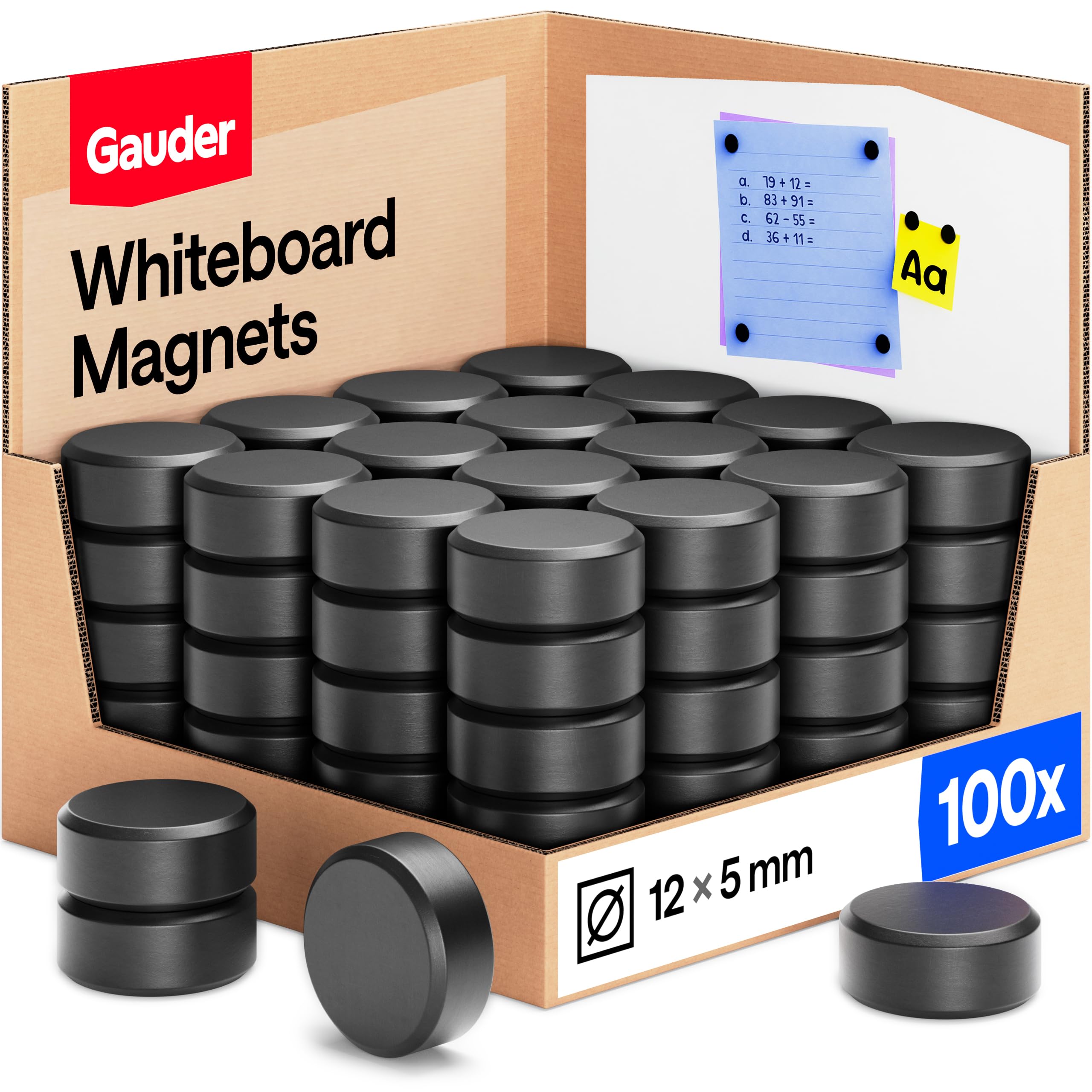 GAUDER Magnets for Whiteboard, Fridge & Notice Board - Strong Round Magnetic Discs - Black Magnets for Crafts (100 Pieces - 12 x 5 mm)