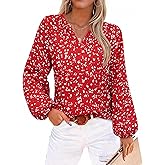 siliteelon Womens Long Sleeve Blouses: Floral Puff Long Sleeve V Neck Loose Dressy Casual Business Work Office Tops Trendy