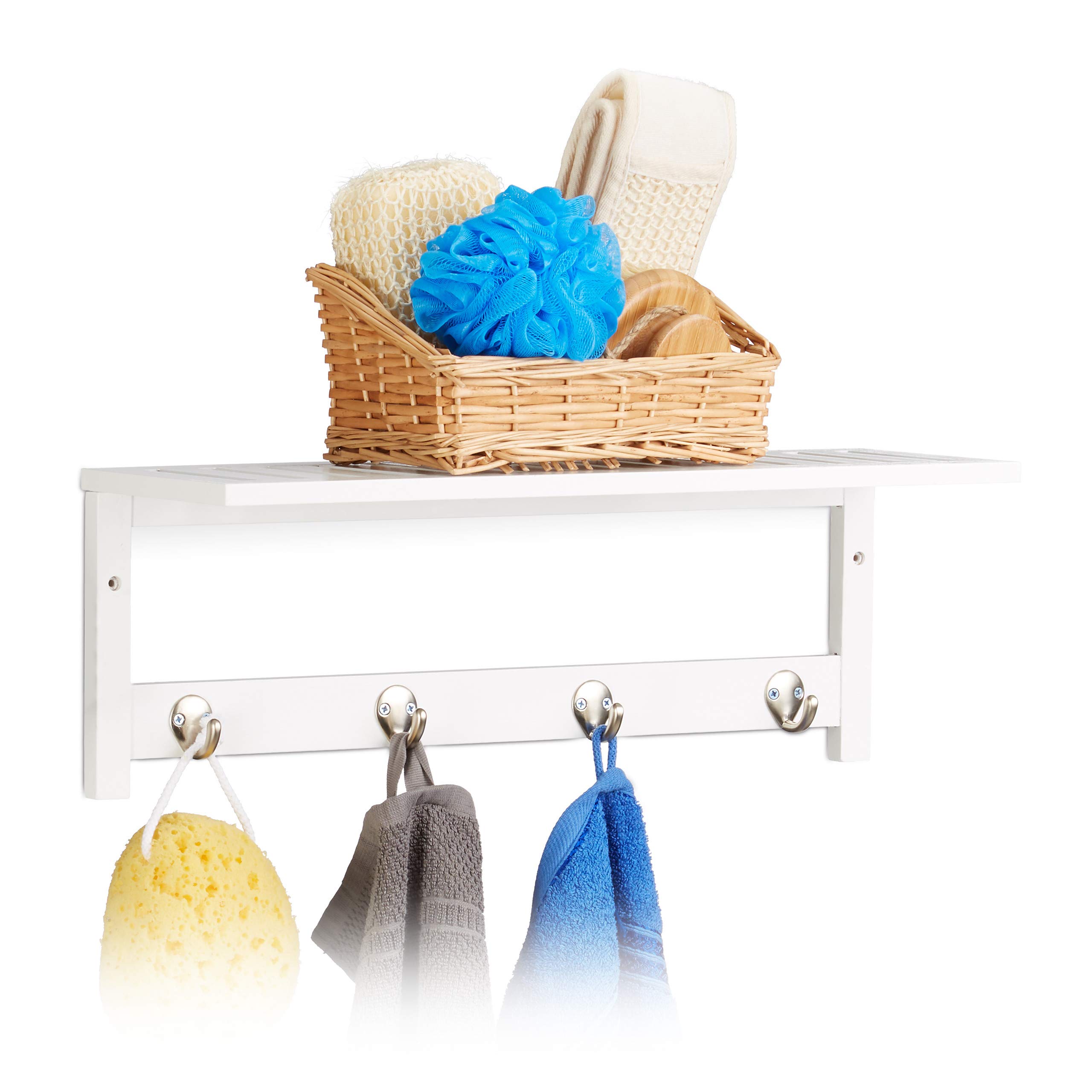 Relaxdays Wall 4 Hooks, HxWxD: 17.5 x 50 x 16 cm, Bamboo, Towel Holder, Hallway Coat Rack, Floating, White, 16 x 50 x 17.5 cm