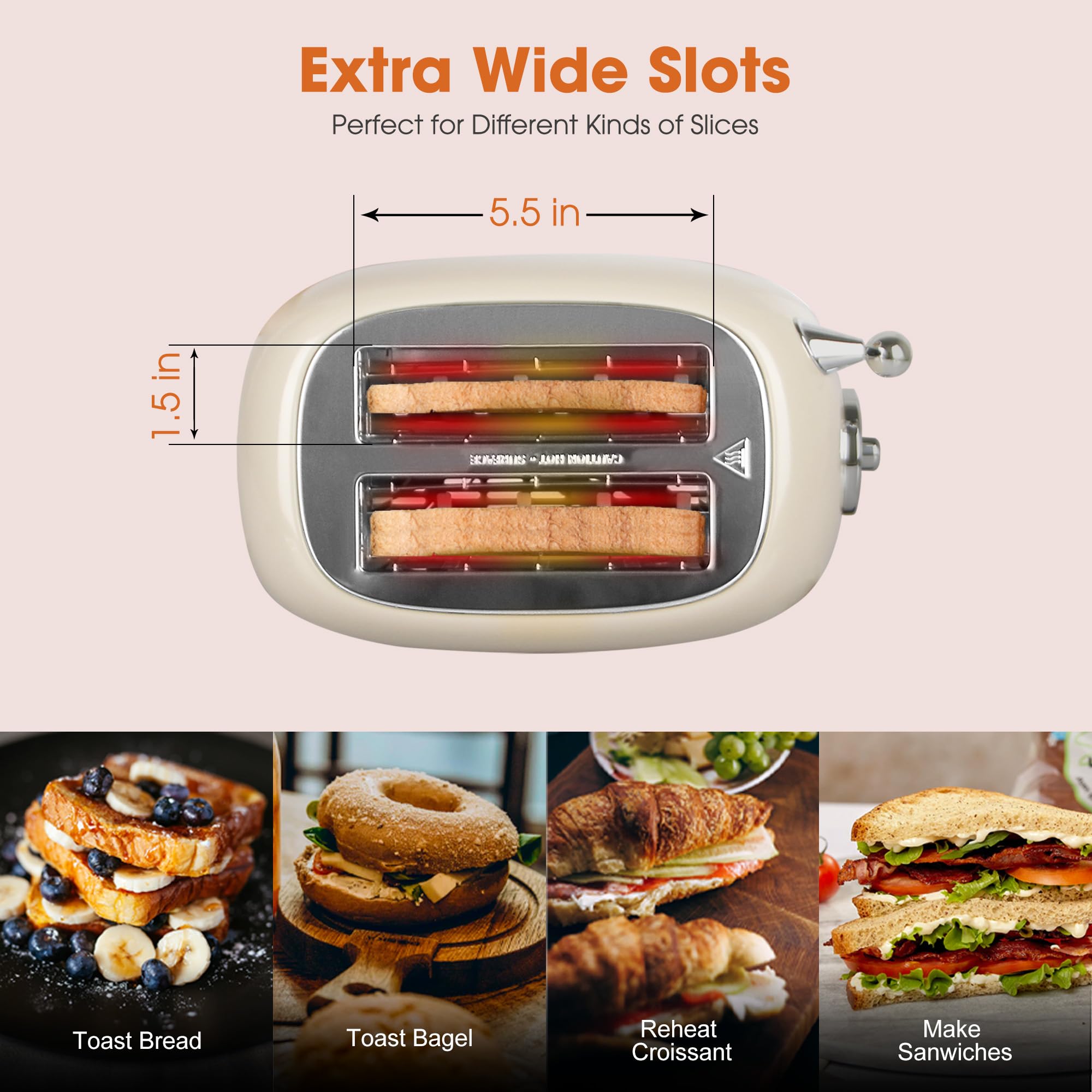 CROWNFUL 2-Slice Toaster, Extra Wide Slots Toaster, Retro Stainless Steel with Bagel, Cancel, Defrost, Reheat Function and 6-Shade Settings, Removal Crumb Tray, Cream