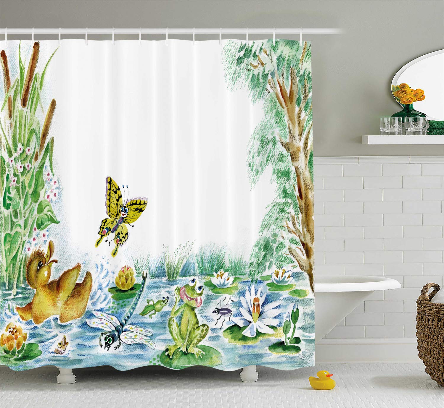 Home Kitchen Ambesonne Duck Shower Curtain Butterfly Duckling And Frog Playing Together On Pond Flowers Trees Dragonfly 75 Inches Long Green Brown Yellow Cloth Fabric Bathroom Decor Set With Hooks Shower