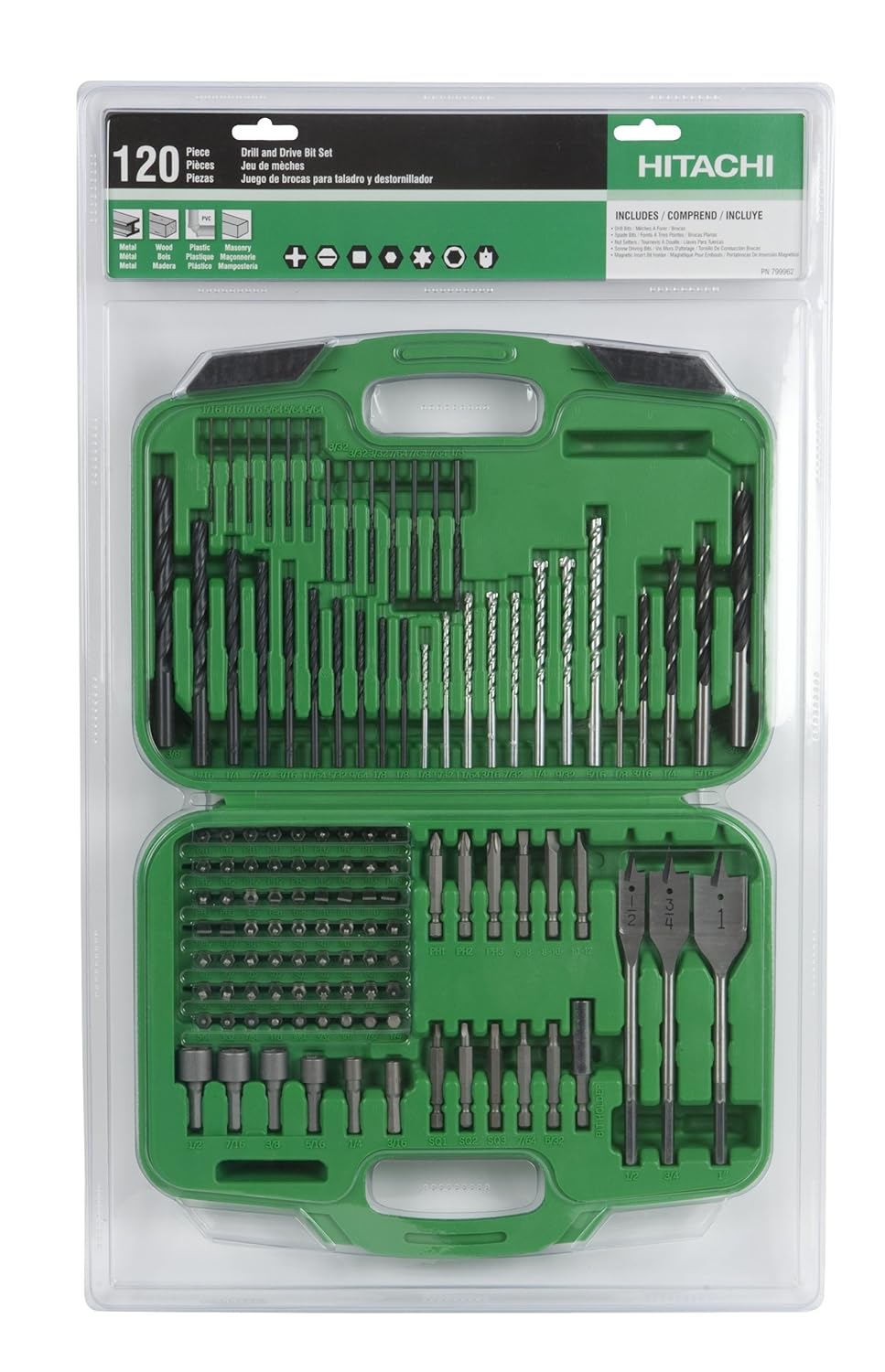 Hitachi 799962 120 Piece Drill Bit and Screwdriver Set, Impact, Spade