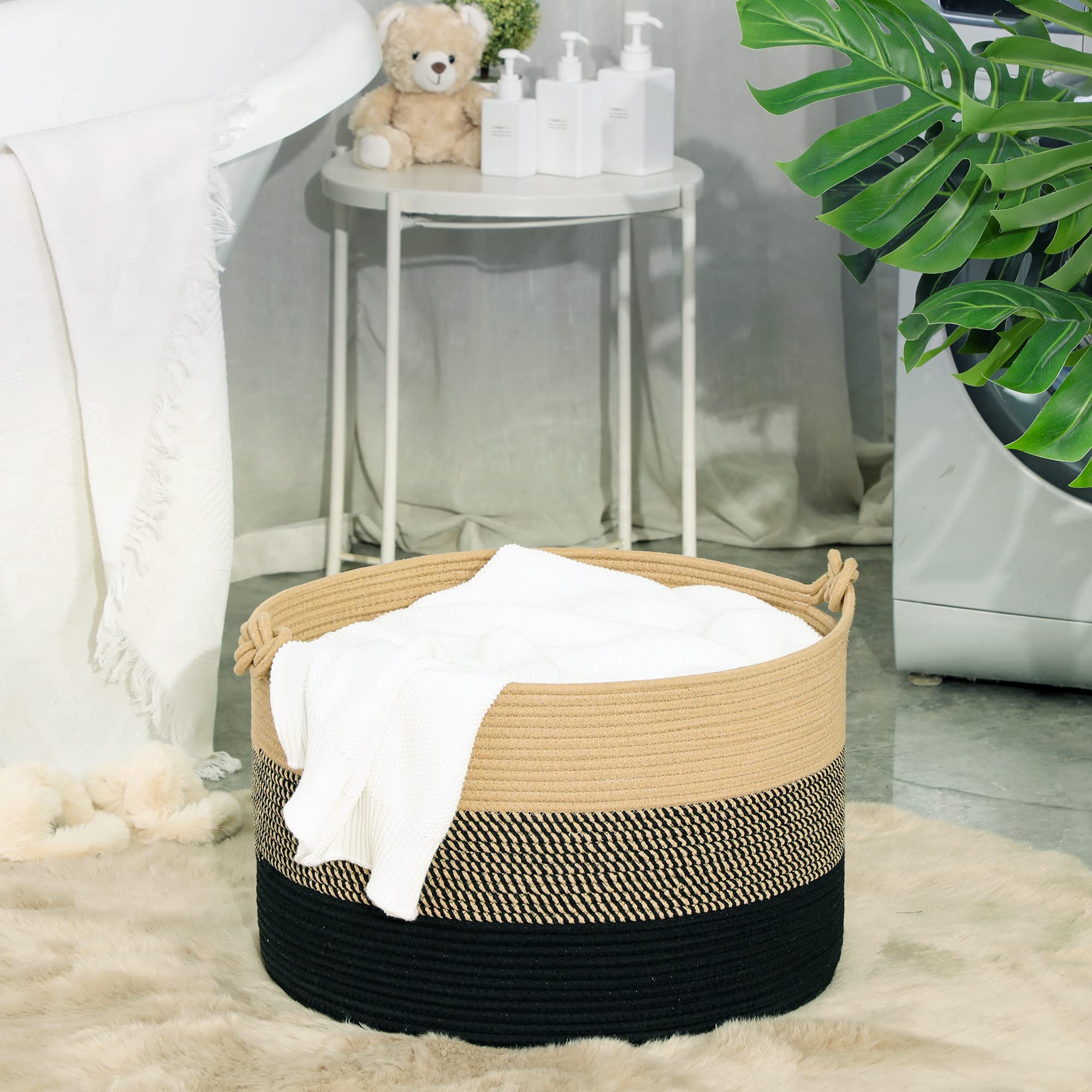 KAKAMAY Large Blanket Basket (20"x13"),Woven Rope Baskets for storage Baby Laundry Hamper, Cotton Rope Blanket Basket for Living Room, Laundry, Nursery, Pillows,Baby Toy chest (Jute/Black)