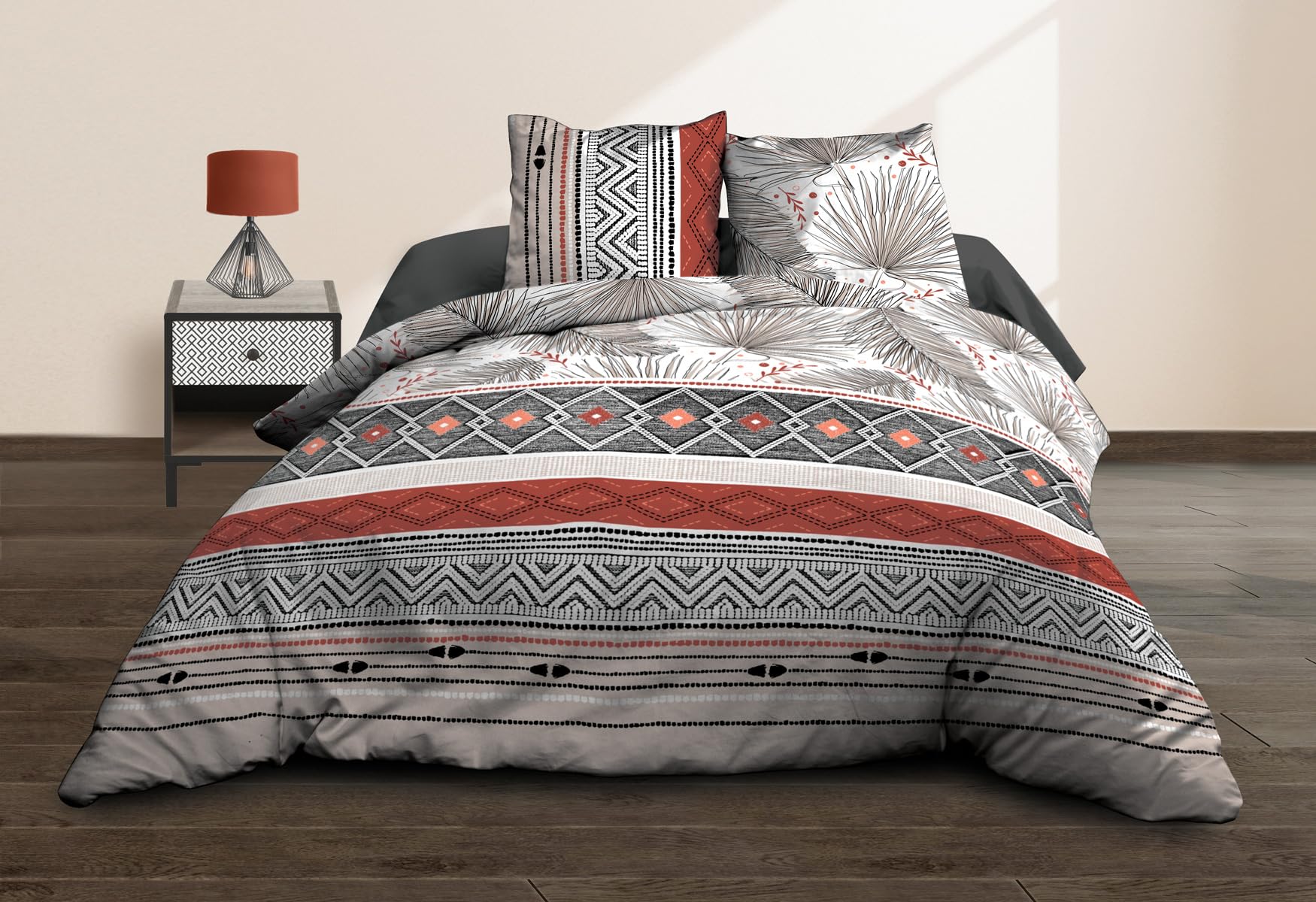 Le linge de Jules Duvet Cover, Cotton, Brick, Black, White, 220 x 240 cm