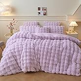 LIFEREVO Fluffy Faux Rabbit Fur Duvet Cover Set, Cute Plush Shaggy Bubble Light Purple Bedding Set Adult Girl Kids Teens, 1 Fuzzy Bed Comforter Cover with Zipper + 2 Furry Pillowcases, Lavender, Queen