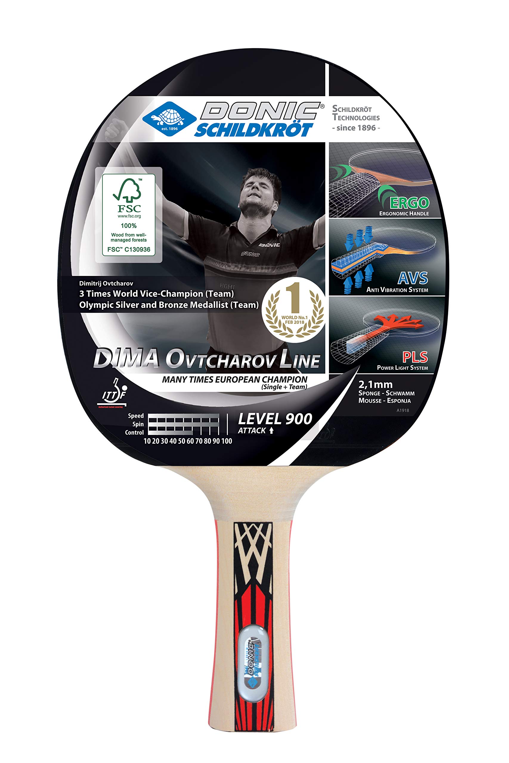 Donic-Schildkröt Ovtcharov 900 Table Tennis Bat, AVS, PLS and Ergo-Grip, 2.1 mm Sponge, FSC Wood, Spinmax Pad - ITTF, 754415, Multi