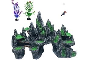 AWXZOM Extra Large Aquarium Decorations, Big Mountain View Aquarium Ornaments, Large Fish Tank Decorations, Come with 1 Little Diver and 2X 4inch Aquarium Plastic Plants (Extra Large Mountain)