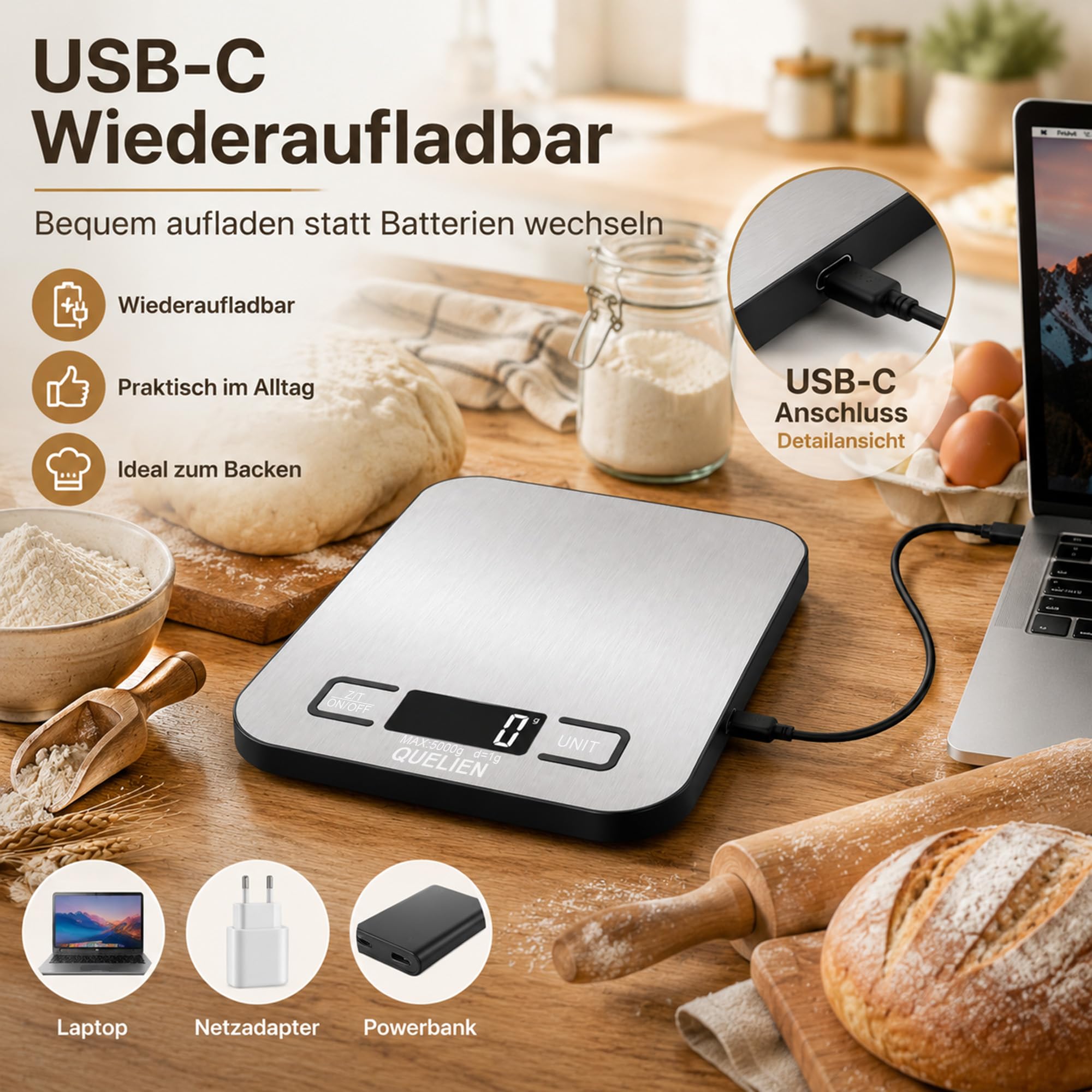 Digitale Küchenwaage Aus Edelstahl, USB-Aufladbar, 5 kg/1 g Präzision, 6 Einheiten, Tara-Funktion, LCD-Display – Ideal Für Kochen, Backen Und Große Mengen 8