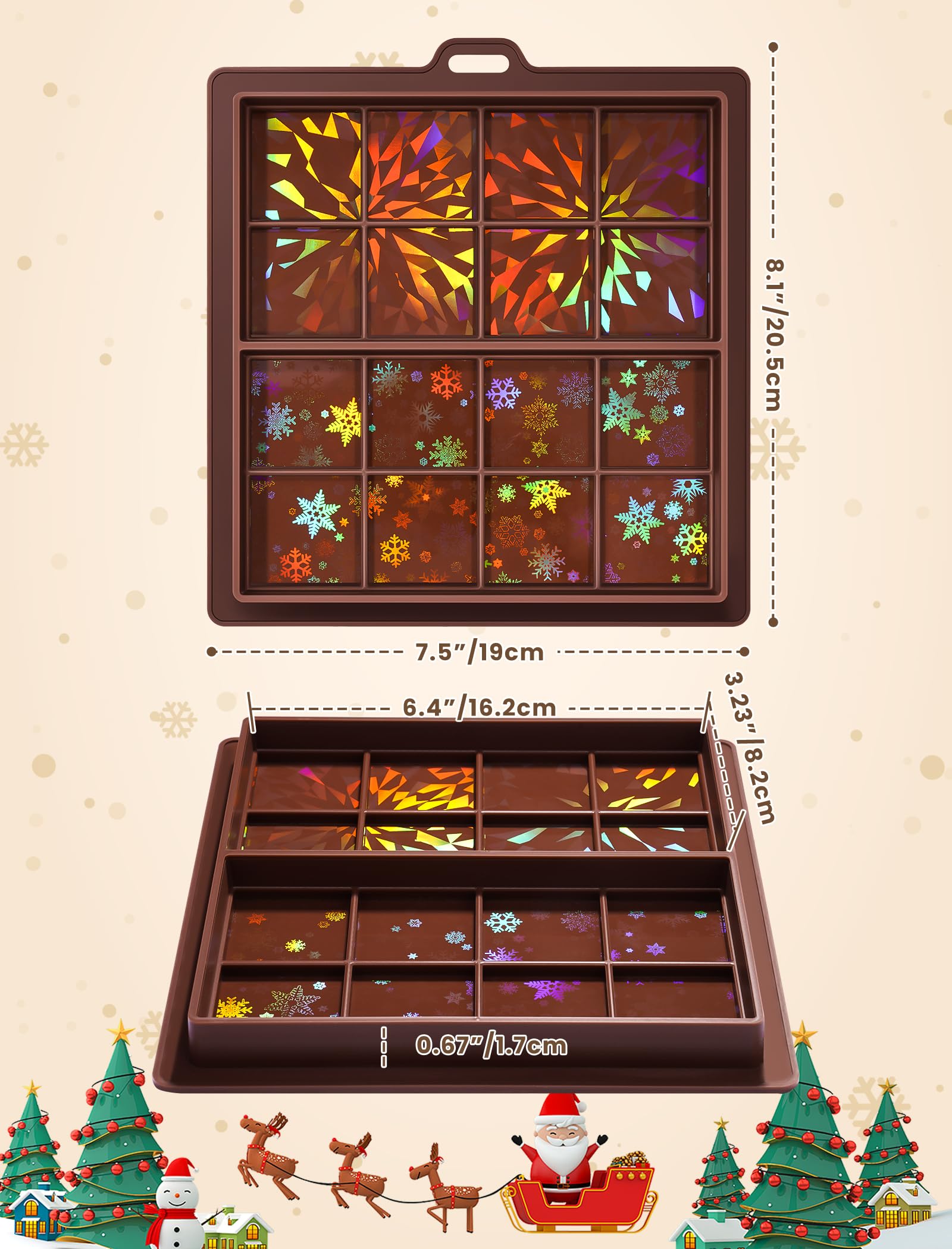 NiHome 0.67 Inch Holographic Dubai Chocolate Molds, Silicone Chocolate Bar Mold for Black Chocolate, Dishwasher Safe & Wall Hanging, Christmas Valentine Gift (Snowflake and Firework Patterns)