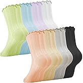Jspupifip Women Ruffle Socks, 4/8 Pairs Floral Frilly Socks Casual Ankle Breathable Knit Cute Lettuce Floral Crew Sock Size