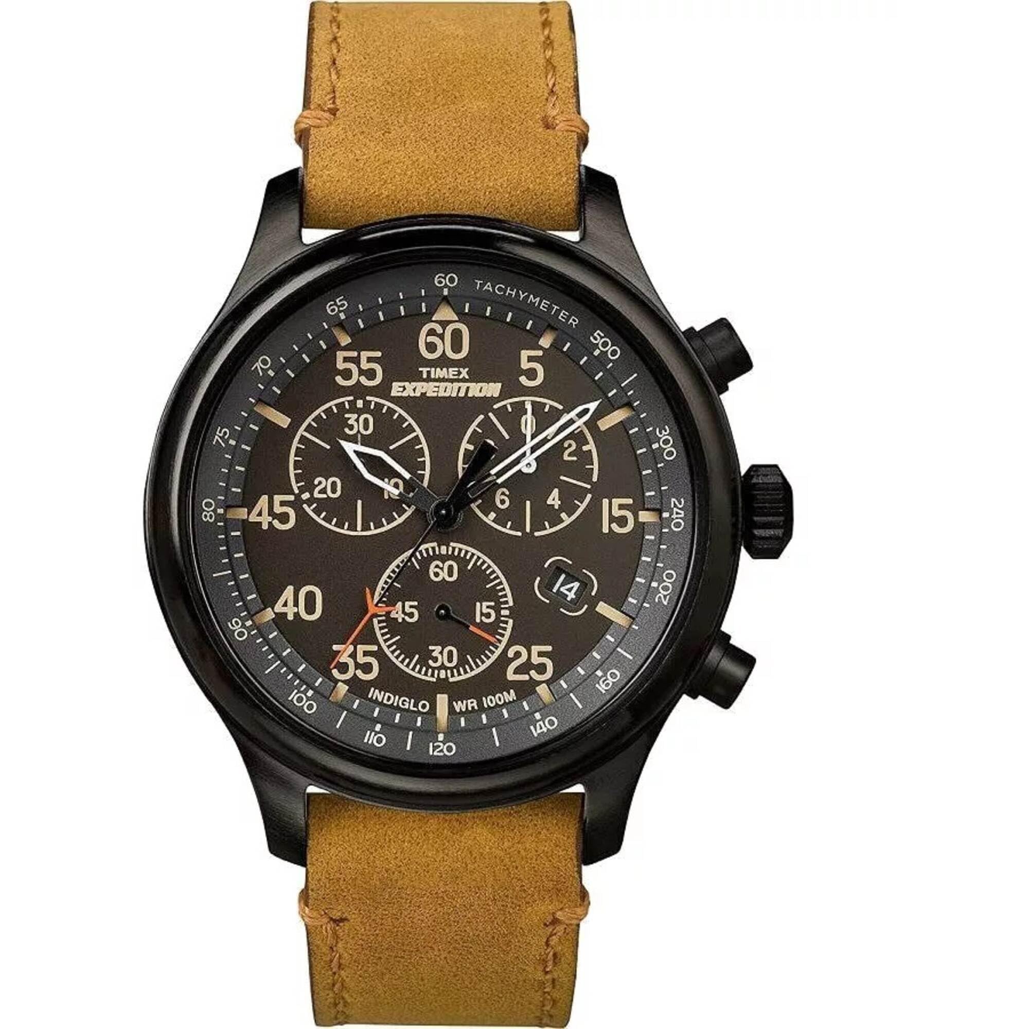 Reloj Timex Expedition Field Chrono de 43 mm para hombre: caja y esfera negras con correa de cuero color canela