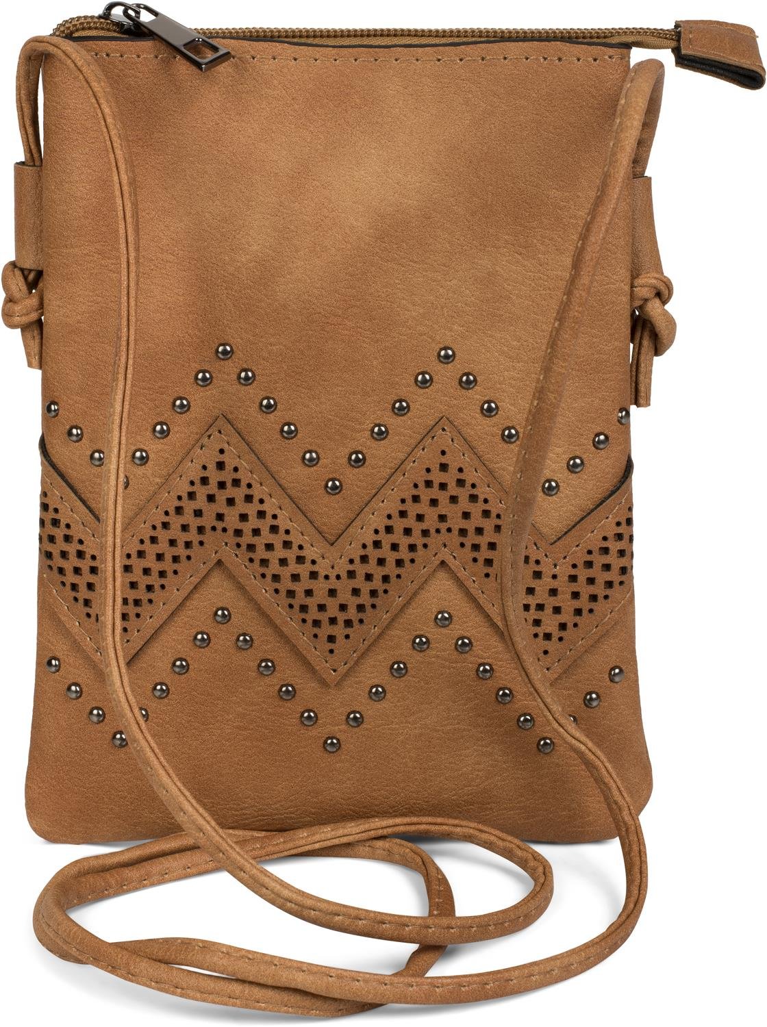 styleBREAKER Women's Mini Bag Crossbody with Zig-Zag Cutout and Studs, Shoulder Bag, Handbag, Purse 02012211, Colour:Camel